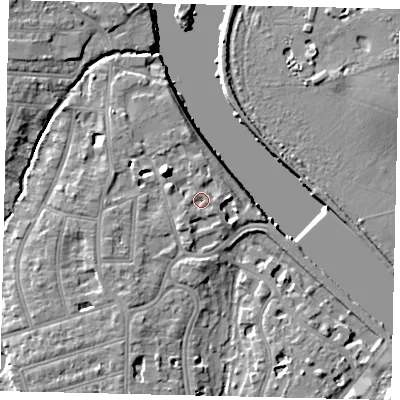 Shaded relief map of the ground around TW11PZ, computed from Environment Agency LiDAR. The ground here sits at about 6 m above sea level and falls 10 m across the surrounding 800 m. Surface water reaching this point runs off ground lying to the west-north-west, 1.9 m higher.
