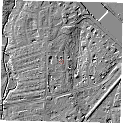 Shaded relief map of the ground around TW11QJ, computed from Environment Agency LiDAR. The ground here sits at about 7 m above sea level and falls 8 m across the surrounding 800 m. Surface water reaching this point runs off ground lying to the west-south-west, 2.3 m higher.