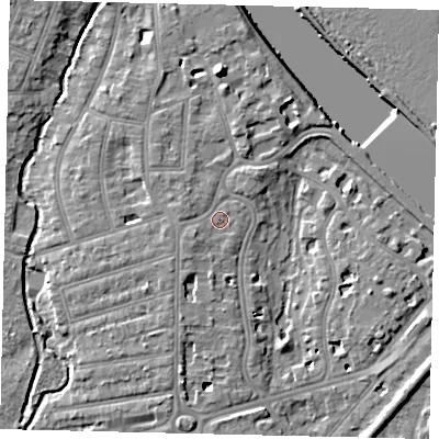 Shaded relief map of the ground around TW11QL, computed from Environment Agency LiDAR. The ground here sits at about 6 m above sea level and falls 10 m across the surrounding 800 m. Surface water reaching this point runs off ground lying to the south-south-west, 2.2 m higher.