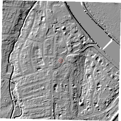Shaded relief map of the ground around TW11QN, computed from Environment Agency LiDAR. The ground here sits at about 7 m above sea level and falls 10 m across the surrounding 800 m. Surface water reaching this point runs off ground lying to the south-west, 1.9 m higher.