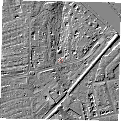 Shaded relief map of the ground around TW11QP, computed from Environment Agency LiDAR. The ground here sits at about 6 m above sea level and falls 8 m across the surrounding 800 m. Surface water reaching this point runs off ground lying to the east, 6.1 m higher.
