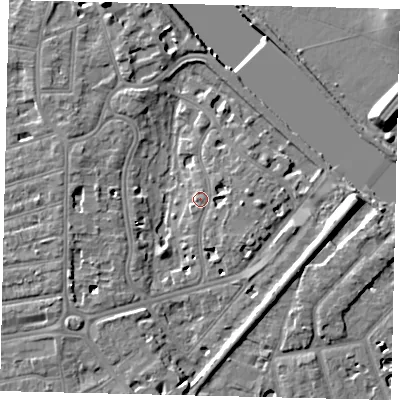 Shaded relief map of the ground around TW11QR, computed from Environment Agency LiDAR. The ground here sits at about 6 m above sea level and falls 10 m across the surrounding 800 m. Surface water reaching this point runs off ground lying to the east, 2.8 m higher.