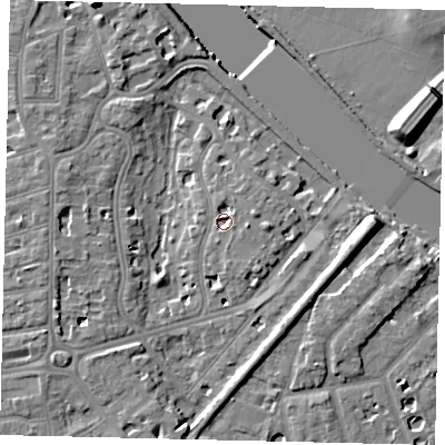 Shaded relief map of the ground around TW11QS, computed from Environment Agency LiDAR. The ground here sits at about 5 m above sea level and falls 10 m across the surrounding 800 m. Surface water reaching this point runs off ground lying to the east-north-east, 2.8 m higher.