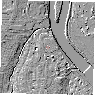 Shaded relief map of the ground around TW11QT, computed from Environment Agency LiDAR. The ground here sits at about 6 m above sea level and falls 10 m across the surrounding 800 m. Surface water reaching this point runs off ground lying to the south-south-east, 7.7 m higher.