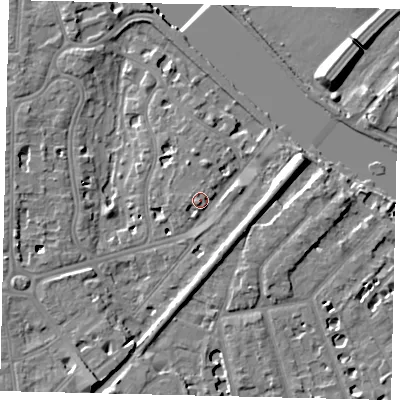 Shaded relief map of the ground around TW11QU, computed from Environment Agency LiDAR. The ground here sits at about 7 m above sea level and falls 9 m across the surrounding 800 m. Surface water reaching this point runs off ground lying to the south-south-west, 1.8 m higher.