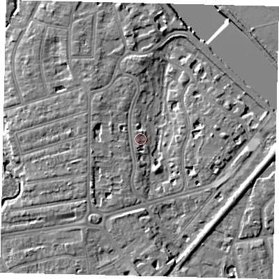 Shaded relief map of the ground around TW11QW, computed from Environment Agency LiDAR. The ground here sits at about 6 m above sea level and falls 9 m across the surrounding 800 m. The ground contributing surface water to this point lies to the south-south-west.