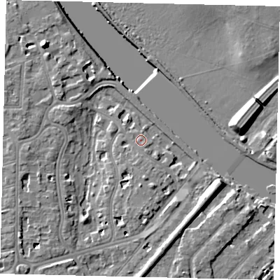 Shaded relief map of the ground around TW11QX, computed from Environment Agency LiDAR. The ground here sits at about 6 m above sea level and falls 10 m across the surrounding 800 m. Surface water reaching this point runs off ground lying to the south-south-east, 1.0 m higher.