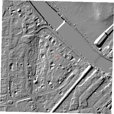Shaded relief map of the ground around TW11QY, computed from Environment Agency LiDAR. The ground here sits at about 7 m above sea level and falls 10 m across the surrounding 800 m. Surface water reaching this point runs off ground lying to the south, 1.1 m higher.