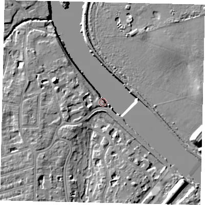 Shaded relief map of the ground around TW11QZ, computed from Environment Agency LiDAR. The ground here sits at about 5 m above sea level and falls 10 m across the surrounding 800 m. Surface water reaching this point runs off ground lying to the west-south-west, 6.8 m higher.