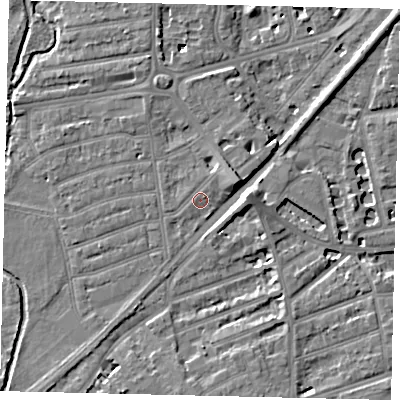Shaded relief map of the ground around TW11RH, computed from Environment Agency LiDAR. The ground here sits at about 6 m above sea level and falls 8 m across the surrounding 800 m. Surface water reaching this point runs off ground lying to the east, 6.4 m higher.