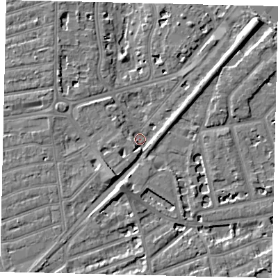 Shaded relief map of the ground around TW11RP, computed from Environment Agency LiDAR. The ground here sits at about 5 m above sea level and falls 8 m across the surrounding 800 m. Surface water reaching this point runs off ground lying to the south-west, 4.0 m higher.