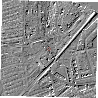 Shaded relief map of the ground around TW11RU, computed from Environment Agency LiDAR. The ground here sits at about 6 m above sea level and falls 8 m across the surrounding 800 m. Surface water reaching this point runs off ground lying to the east-north-east, 4.4 m higher.