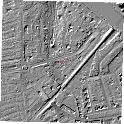 Shaded relief map of the ground around TW11RY, computed from Environment Agency LiDAR. The ground here sits at about 5 m above sea level and falls 8 m across the surrounding 800 m. Surface water reaching this point runs off ground lying to the east-north-east, 5.3 m higher.