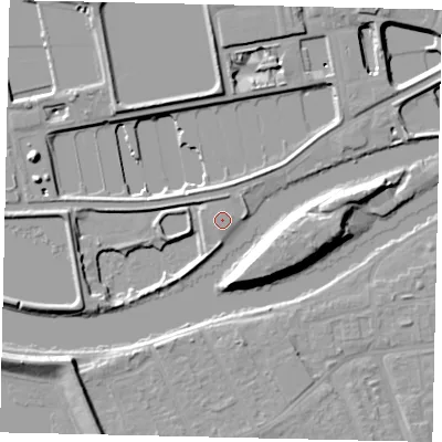 Shaded relief map of the ground around TW122DH, computed from Environment Agency LiDAR. The ground here sits at about 8 m above sea level and falls 14 m across the surrounding 800 m. Surface water reaching this point runs off ground lying to the west-north-west, 0.5 m higher.