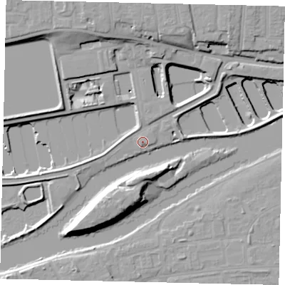 Shaded relief map of the ground around TW122ES, computed from Environment Agency LiDAR. The ground here sits at about 9 m above sea level and falls 15 m across the surrounding 800 m. Surface water reaching this point runs off ground lying to the north-east, 0.6 m higher.