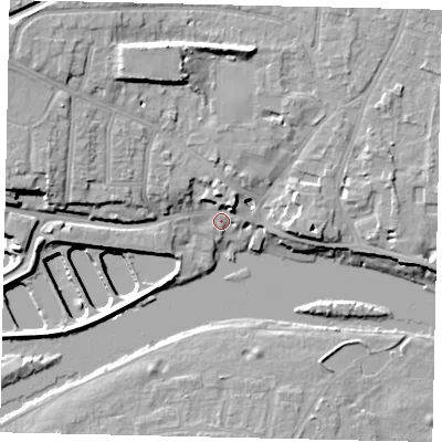 Shaded relief map of the ground around TW122EW, computed from Environment Agency LiDAR. The ground here sits at about 9 m above sea level and falls 15 m across the surrounding 800 m. Surface water reaching this point runs off ground lying to the north-west, 8.6 m higher.
