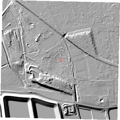 Shaded relief map of the ground around TW122EY, computed from Environment Agency LiDAR. The ground here sits at about 16 m above sea level and falls 15 m across the surrounding 800 m. Surface water reaching this point runs off ground lying to the east, 3.9 m higher.