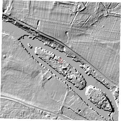 Shaded relief map of the ground around TW122HA, computed from Environment Agency LiDAR. The ground here sits at about 7 m above sea level and falls 10 m across the surrounding 800 m. Surface water reaching this point runs off ground lying to the south-east, 4.8 m higher.
