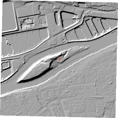 Shaded relief map of the ground around TW122HF, computed from Environment Agency LiDAR. The ground here sits at about 9 m above sea level and falls 15 m across the surrounding 800 m. Surface water reaching this point runs off ground lying to the north-west, 6.9 m higher.