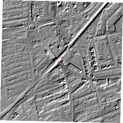 Shaded relief map of the ground around TW12AA, computed from Environment Agency LiDAR. The ground here sits at about 8 m above sea level and falls 8 m across the surrounding 800 m. Surface water reaching this point runs off ground lying to the west-south-west, 6.4 m higher.
