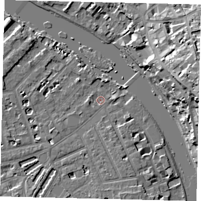 Shaded relief map of the ground around TW12AG, computed from Environment Agency LiDAR. The ground here sits at about 5 m above sea level and falls 22 m across the surrounding 800 m. Surface water reaching this point runs off ground lying to the south-south-east, 4.2 m higher.
