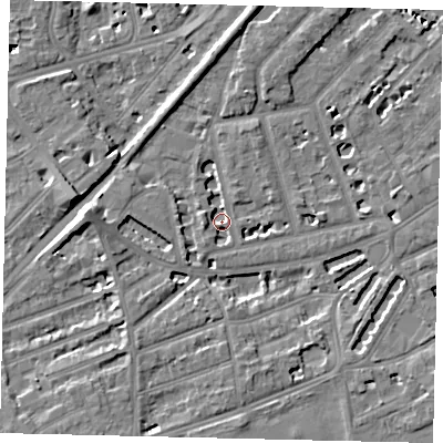 Shaded relief map of the ground around TW12AT, computed from Environment Agency LiDAR. The ground here sits at about 4 m above sea level and falls 9 m across the surrounding 800 m. Surface water reaching this point runs off ground lying to the west, 6.6 m higher.