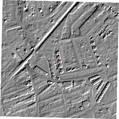 Shaded relief map of the ground around TW12AU, computed from Environment Agency LiDAR. The ground here sits at about 5 m above sea level and falls 9 m across the surrounding 800 m. Surface water reaching this point runs off ground lying to the west-south-west, 6.3 m higher.