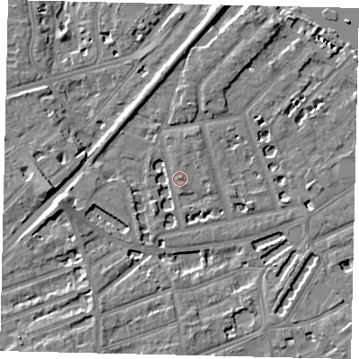 Shaded relief map of the ground around TW12BG, computed from Environment Agency LiDAR. The ground here sits at about 6 m above sea level and falls 9 m across the surrounding 800 m. Surface water reaching this point runs off ground lying to the west-south-west, 6.3 m higher.