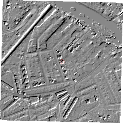 Shaded relief map of the ground around TW12BS, computed from Environment Agency LiDAR. The ground here sits at about 5 m above sea level and falls 9 m across the surrounding 800 m. Surface water reaching this point runs off ground lying to the north-north-west, 1.7 m higher.