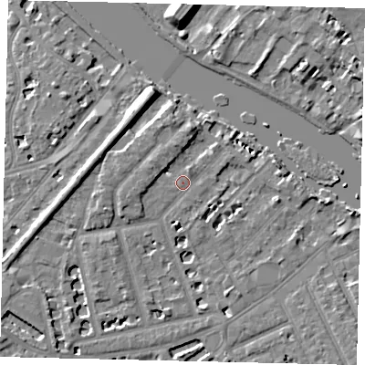 Shaded relief map of the ground around TW12BX, computed from Environment Agency LiDAR. The ground here sits at about 6 m above sea level and falls 9 m across the surrounding 800 m. Surface water reaching this point runs off ground lying to the south-west, 1.0 m higher.