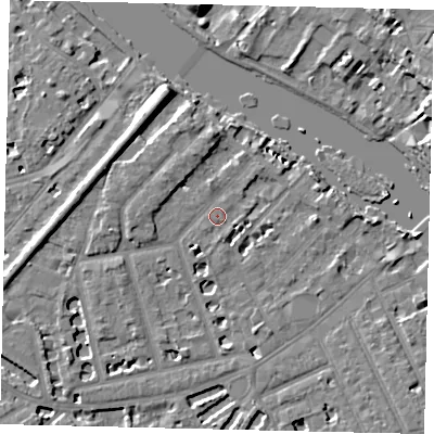 Shaded relief map of the ground around TW12BZ, computed from Environment Agency LiDAR. The ground here sits at about 6 m above sea level and falls 9 m across the surrounding 800 m. Surface water reaching this point runs off ground lying to the south-south-west, 3.4 m higher.