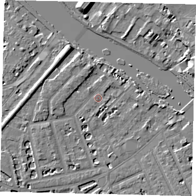 Shaded relief map of the ground around TW12DA, computed from Environment Agency LiDAR. The ground here sits at about 6 m above sea level and falls 9 m across the surrounding 800 m. Surface water reaching this point runs off ground lying to the west-south-west, 1.1 m higher.