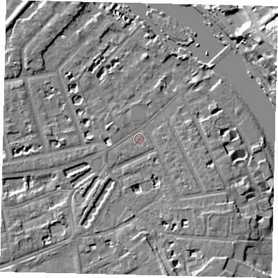 Shaded relief map of the ground around TW12DX, computed from Environment Agency LiDAR. The ground here sits at about 6 m above sea level and falls 18 m across the surrounding 800 m. Surface water reaching this point runs off ground lying to the west-south-west, 0.9 m higher.