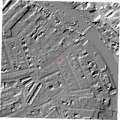Shaded relief map of the ground around TW12DY, computed from Environment Agency LiDAR. The ground here sits at about 6 m above sea level and falls 21 m across the surrounding 800 m. Surface water reaching this point runs off ground lying to the south-south-east, 3.0 m higher.