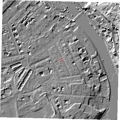 Shaded relief map of the ground around TW12DZ, computed from Environment Agency LiDAR. The ground here sits at about 7 m above sea level and falls 22 m across the surrounding 800 m. Surface water reaching this point runs off ground lying to the east-south-east, 1.3 m higher.