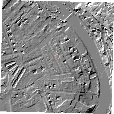 Shaded relief map of the ground around TW12EA, computed from Environment Agency LiDAR. The ground here sits at about 7 m above sea level and falls 24 m across the surrounding 800 m. Surface water reaching this point runs off ground lying to the south-east, 1.4 m higher.