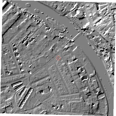 Shaded relief map of the ground around TW12EB, computed from Environment Agency LiDAR. The ground here sits at about 5 m above sea level and falls 22 m across the surrounding 800 m. Surface water reaching this point runs off ground lying to the south-south-east, 3.5 m higher.