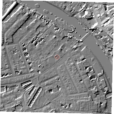 Shaded relief map of the ground around TW12EF, computed from Environment Agency LiDAR. The ground here sits at about 6 m above sea level and falls 20 m across the surrounding 800 m. Surface water reaching this point runs off ground lying to the west-south-west, 1.0 m higher.