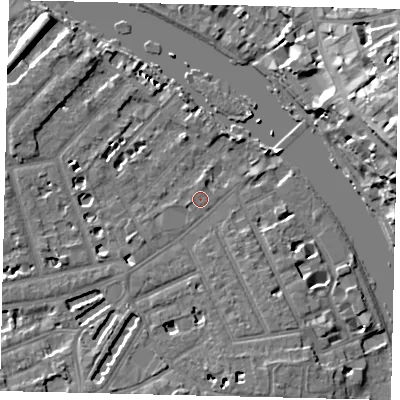 Shaded relief map of the ground around TW12EH, computed from Environment Agency LiDAR. The ground here sits at about 6 m above sea level and falls 21 m across the surrounding 800 m. Surface water reaching this point runs off ground lying to the south-west, 1.0 m higher.