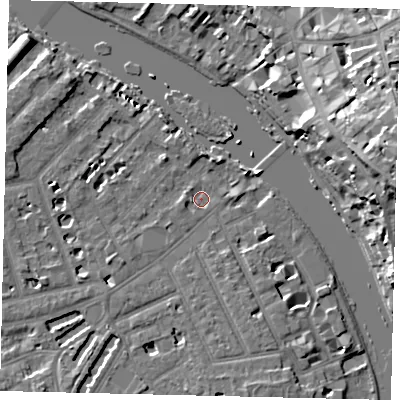 Shaded relief map of the ground around TW12EL, computed from Environment Agency LiDAR. The ground here sits at about 4 m above sea level and falls 21 m across the surrounding 800 m. Surface water reaching this point runs off ground lying to the south-south-east, 4.2 m higher.