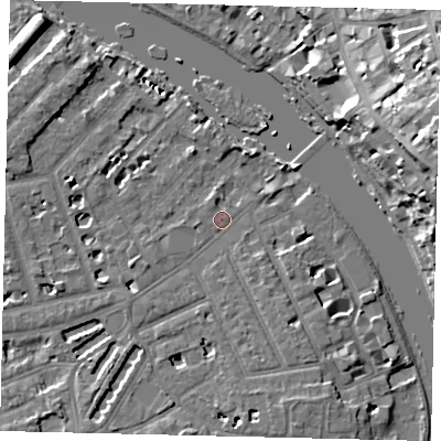Shaded relief map of the ground around TW12EX, computed from Environment Agency LiDAR. The ground here sits at about 5 m above sea level and falls 21 m across the surrounding 800 m. Surface water reaching this point runs off ground lying to the south-south-east, 3.3 m higher.