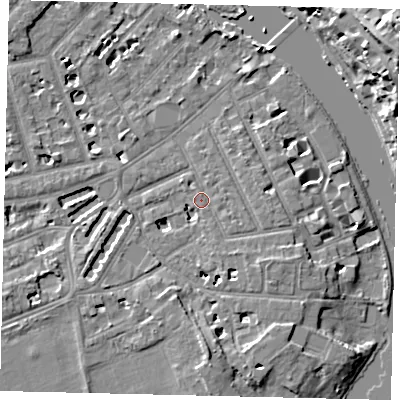 Shaded relief map of the ground around TW12HF, computed from Environment Agency LiDAR. The ground here sits at about 7 m above sea level and falls 20 m across the surrounding 800 m. Surface water reaching this point runs off ground lying to the south-east, 2.1 m higher.
