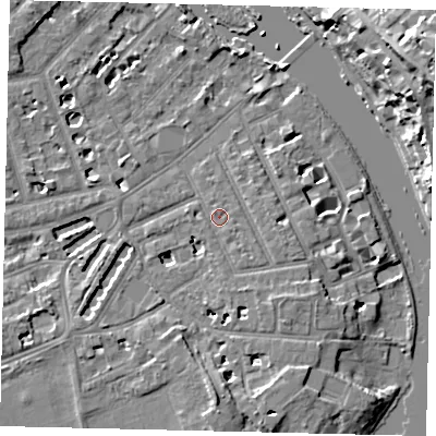 Shaded relief map of the ground around TW12HG, computed from Environment Agency LiDAR. The ground here sits at about 7 m above sea level and falls 20 m across the surrounding 800 m. Surface water reaching this point runs off ground lying to the south-south-east, 2.1 m higher.