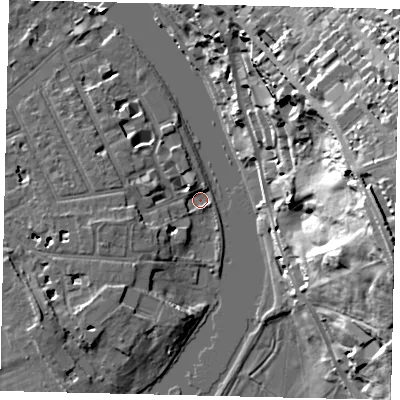 Shaded relief map of the ground around TW12HH, computed from Environment Agency LiDAR. The ground here sits at about 4 m above sea level and falls 40 m across the surrounding 800 m. Surface water reaching this point runs off ground lying to the west-south-west, 4.8 m higher.