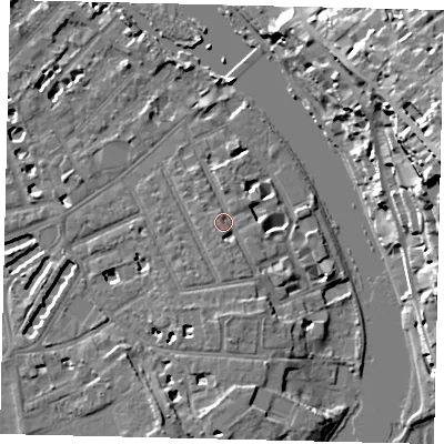 Shaded relief map of the ground around TW12HL, computed from Environment Agency LiDAR. The ground here sits at about 7 m above sea level and falls 27 m across the surrounding 800 m. Surface water reaching this point runs off ground lying to the south-south-east, 3.0 m higher.