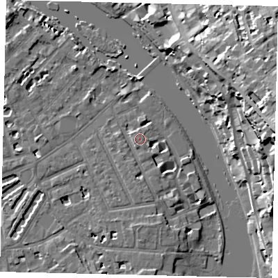 Shaded relief map of the ground around TW12HN, computed from Environment Agency LiDAR. The ground here sits at about 6 m above sea level and falls 28 m across the surrounding 800 m. Surface water reaching this point runs off ground lying to the south-west, 1.0 m higher.