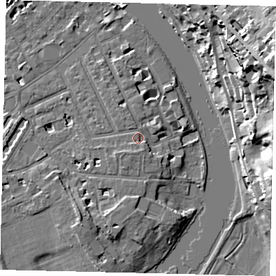 Shaded relief map of the ground around TW12HQ, computed from Environment Agency LiDAR. The ground here sits at about 7 m above sea level and falls 30 m across the surrounding 800 m. Surface water reaching this point runs off ground lying to the south-west, 2.0 m higher.