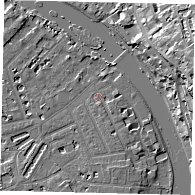 Shaded relief map of the ground around TW12HR, computed from Environment Agency LiDAR. The ground here sits at about 6 m above sea level and falls 23 m across the surrounding 800 m. Surface water reaching this point runs off ground lying to the south-south-east, 3.2 m higher.