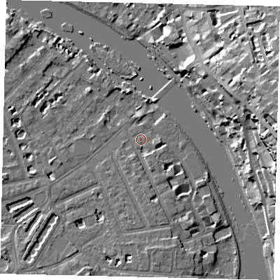 Shaded relief map of the ground around TW12HS, computed from Environment Agency LiDAR. The ground here sits at about 5 m above sea level and falls 25 m across the surrounding 800 m. Surface water reaching this point runs off ground lying to the south-south-east, 3.2 m higher.