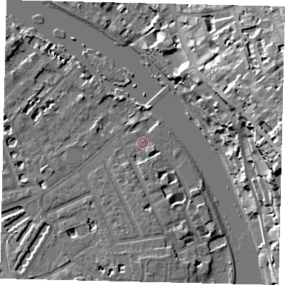 Shaded relief map of the ground around TW12HT, computed from Environment Agency LiDAR. The ground here sits at about 5 m above sea level and falls 27 m across the surrounding 800 m. Surface water reaching this point runs off ground lying to the south, 3.2 m higher.